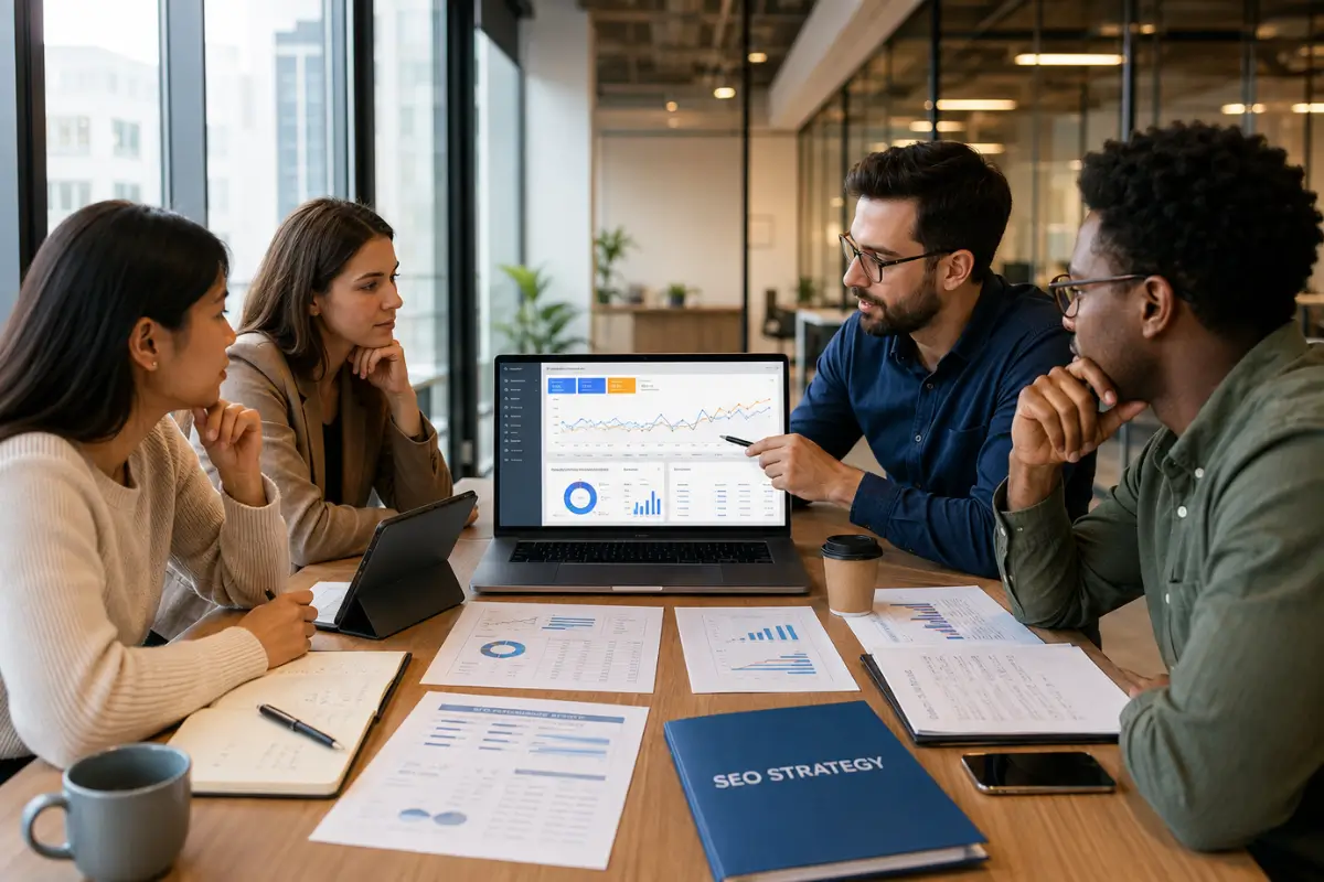 Home 10 Local SEO team reviewing search performance analytics and ranking growth 1