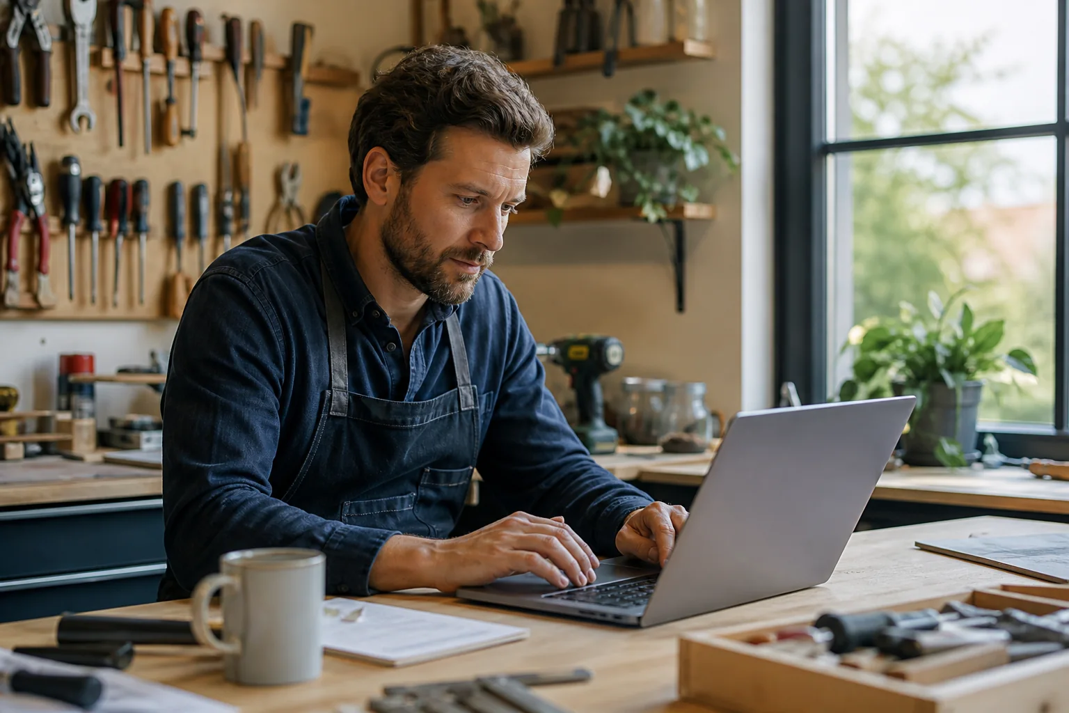 Business owner updating accurate company details on a computer at a desk