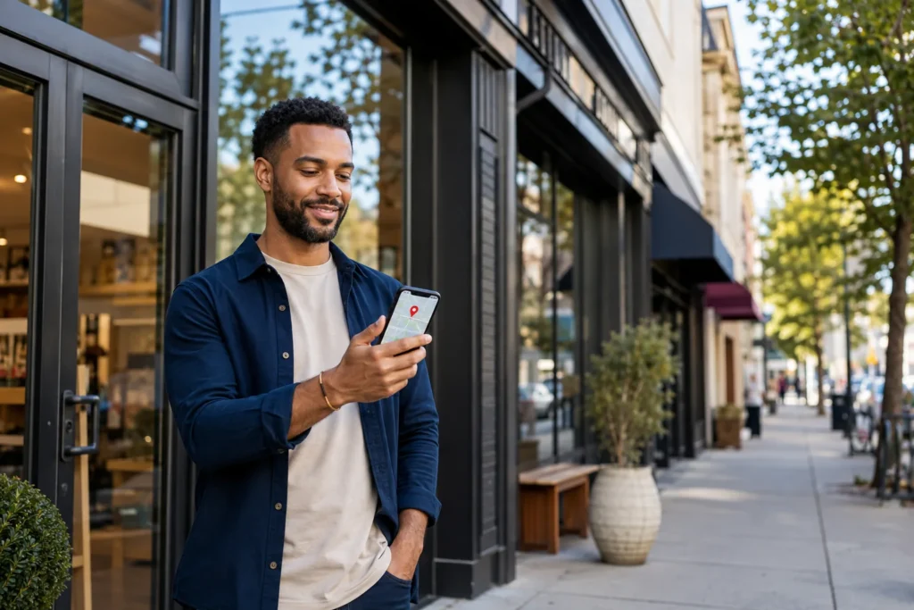Small business owner reviewing local search performance on a smartphone outside a storefront