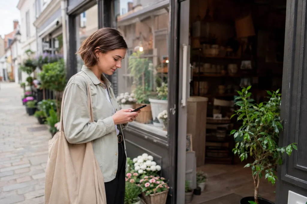 Customer checking a smartphone outside a small independent shop