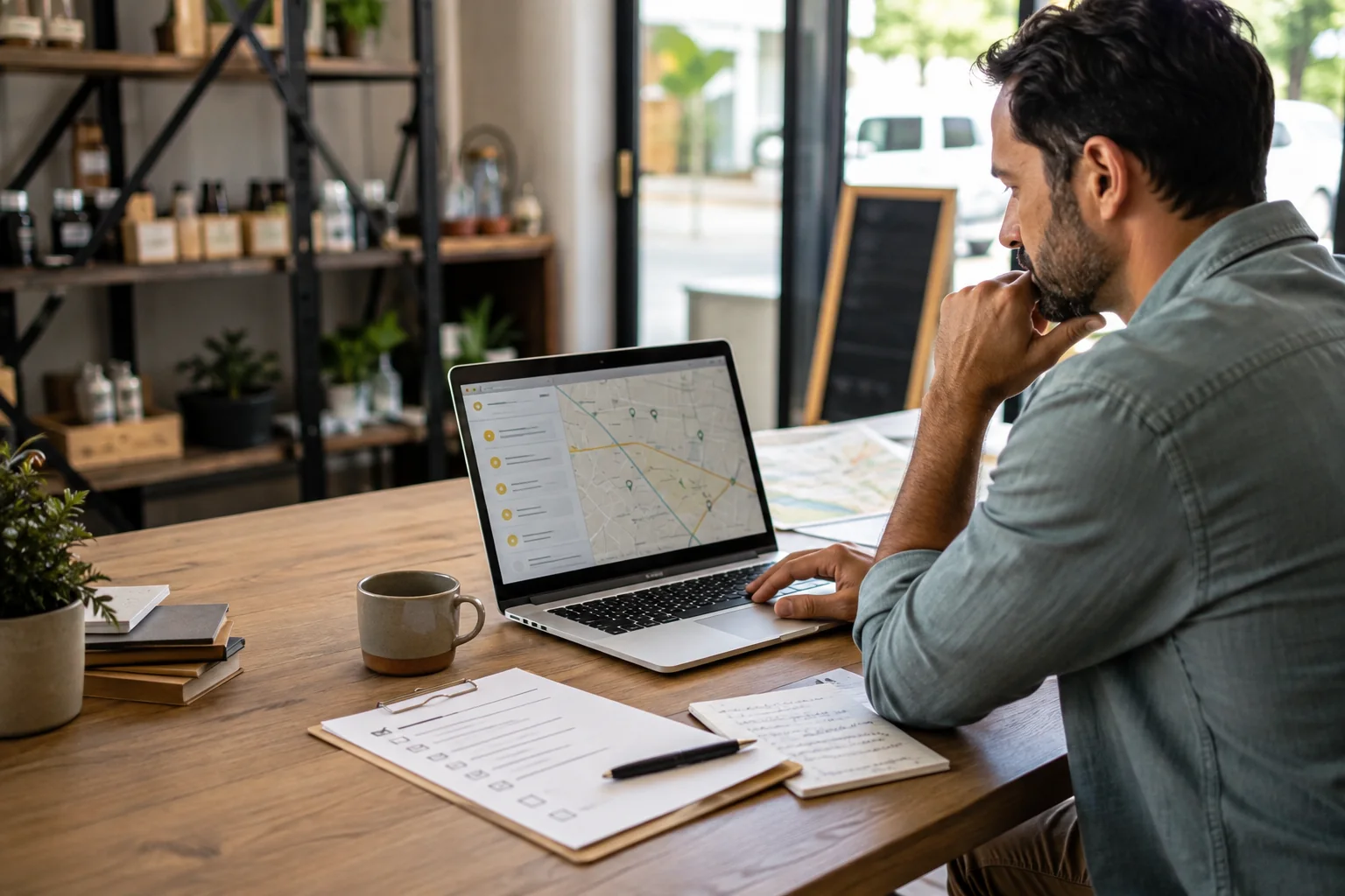 Small business owner planning local services and customer search questions on a laptop