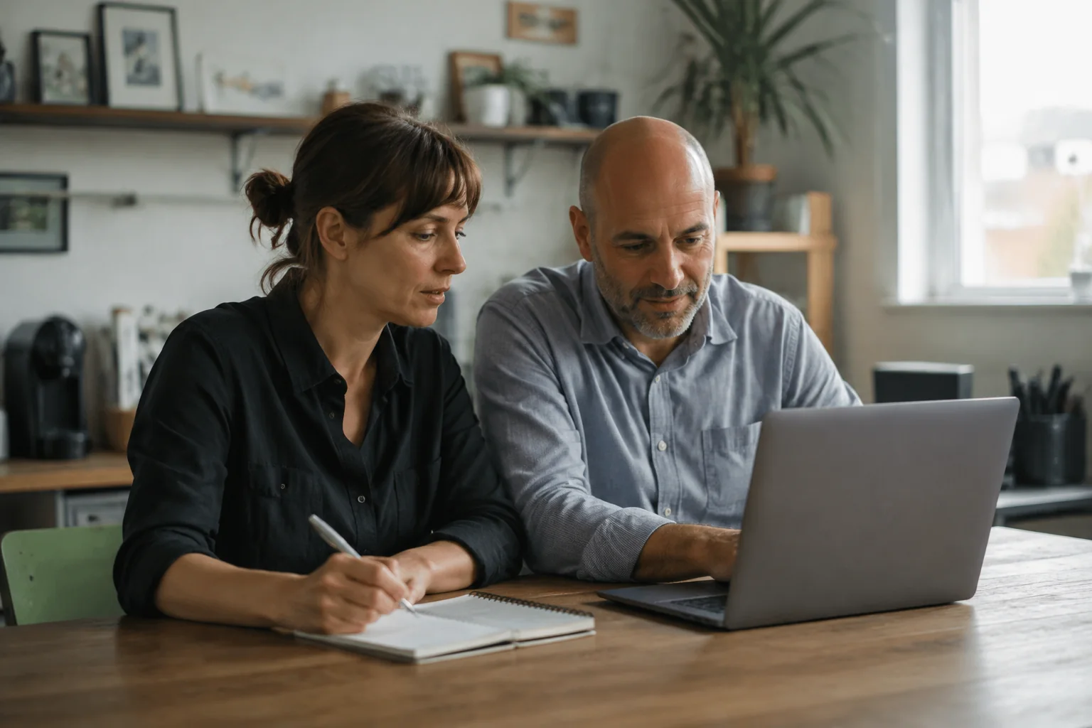 Two small-business owners reviewing information on a laptop and taking notes