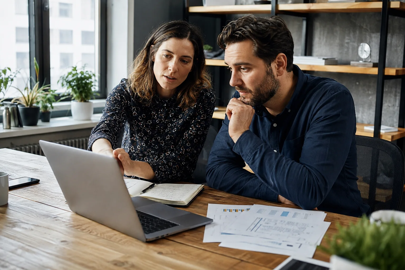 Two small business owners reviewing enquiries and local search performance together