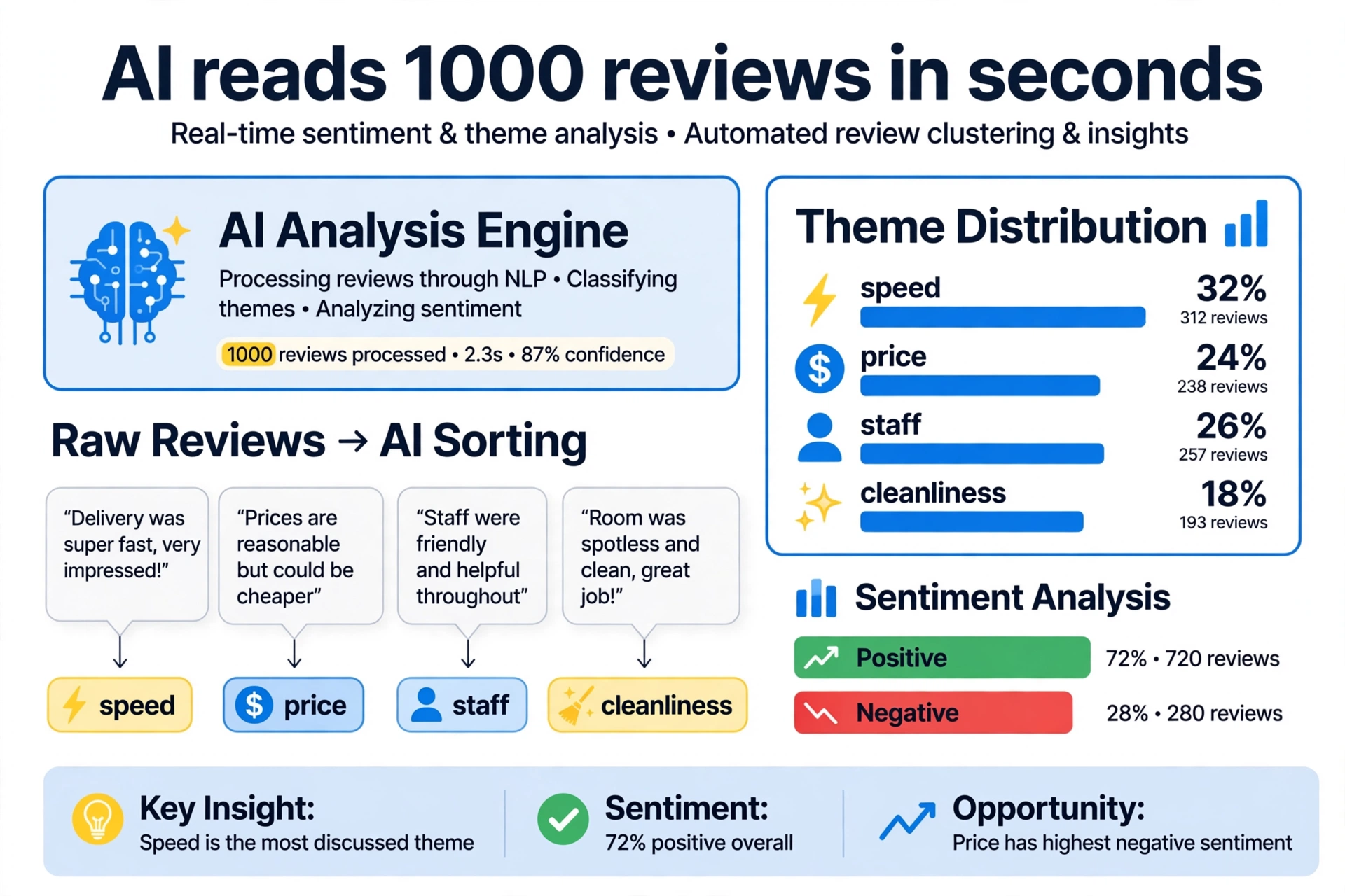 AI dashboard analyzing review themes like speed price staff and cleanliness