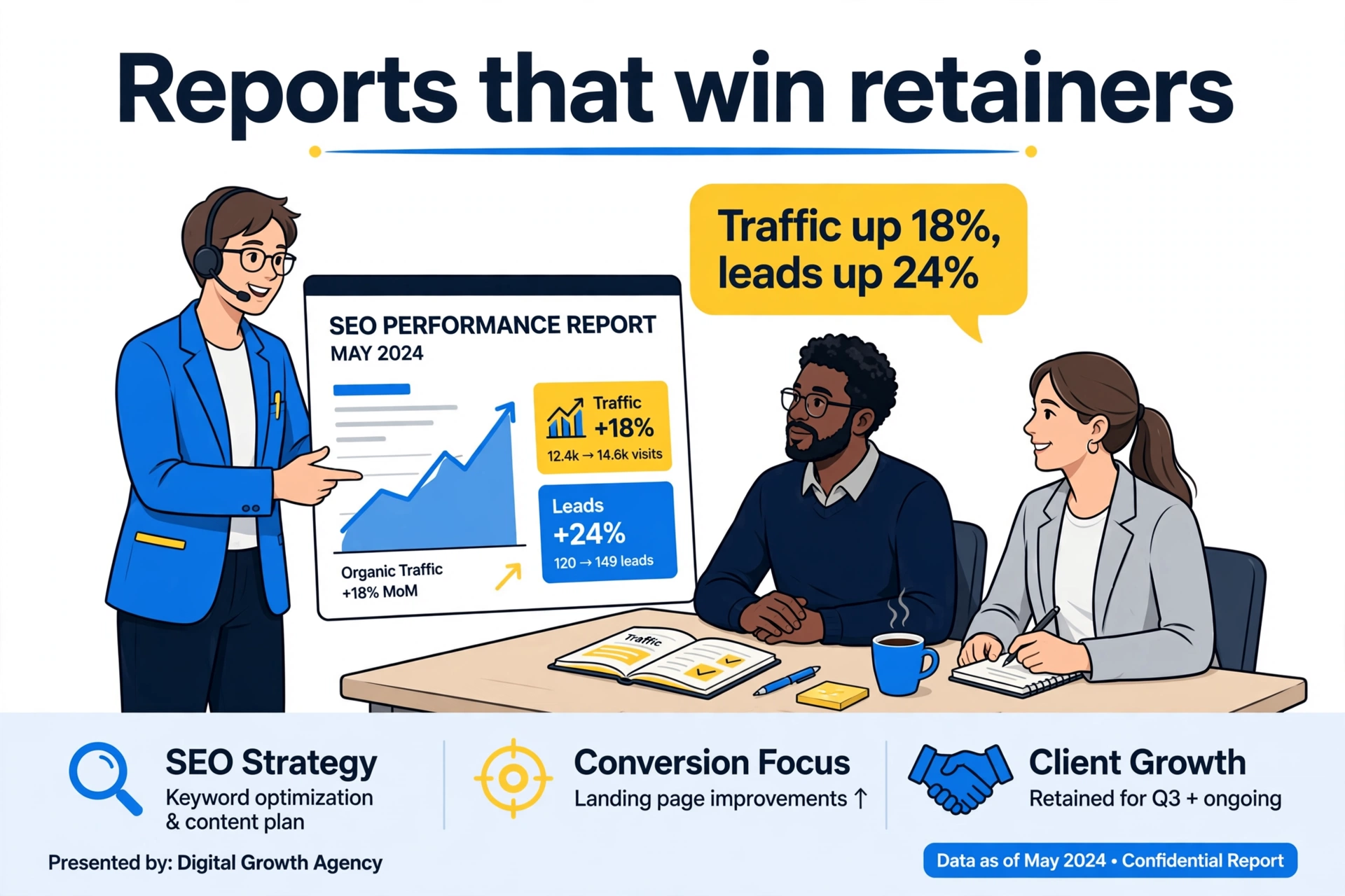 Present SEO reports that retain clients Presenting an SEO report with rising charts to clients