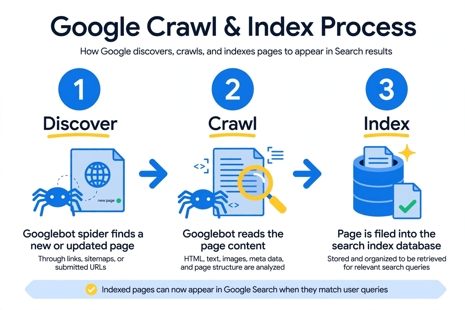 Google discover crawl and index process in three steps