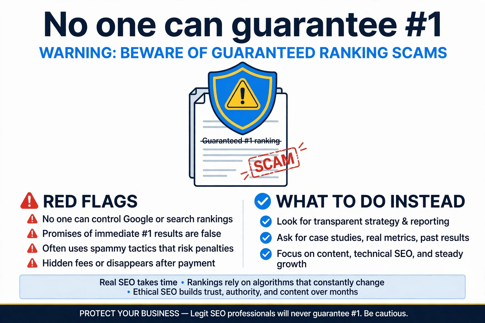 No one can guarantee top rankings Warning against SEO agencies that guarantee number one Google rankings