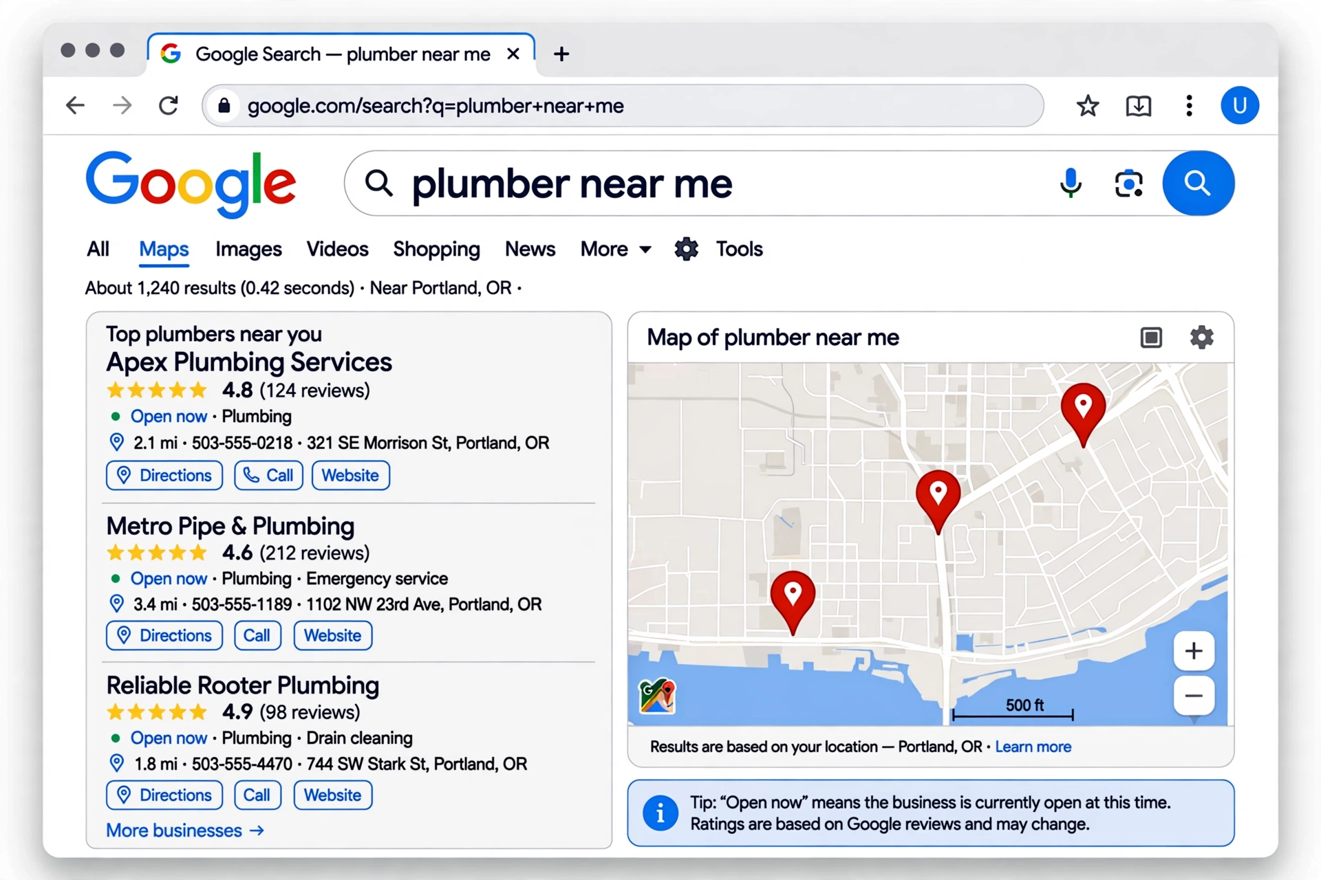 Google Map Pack example showing three local business listings with star ratings
