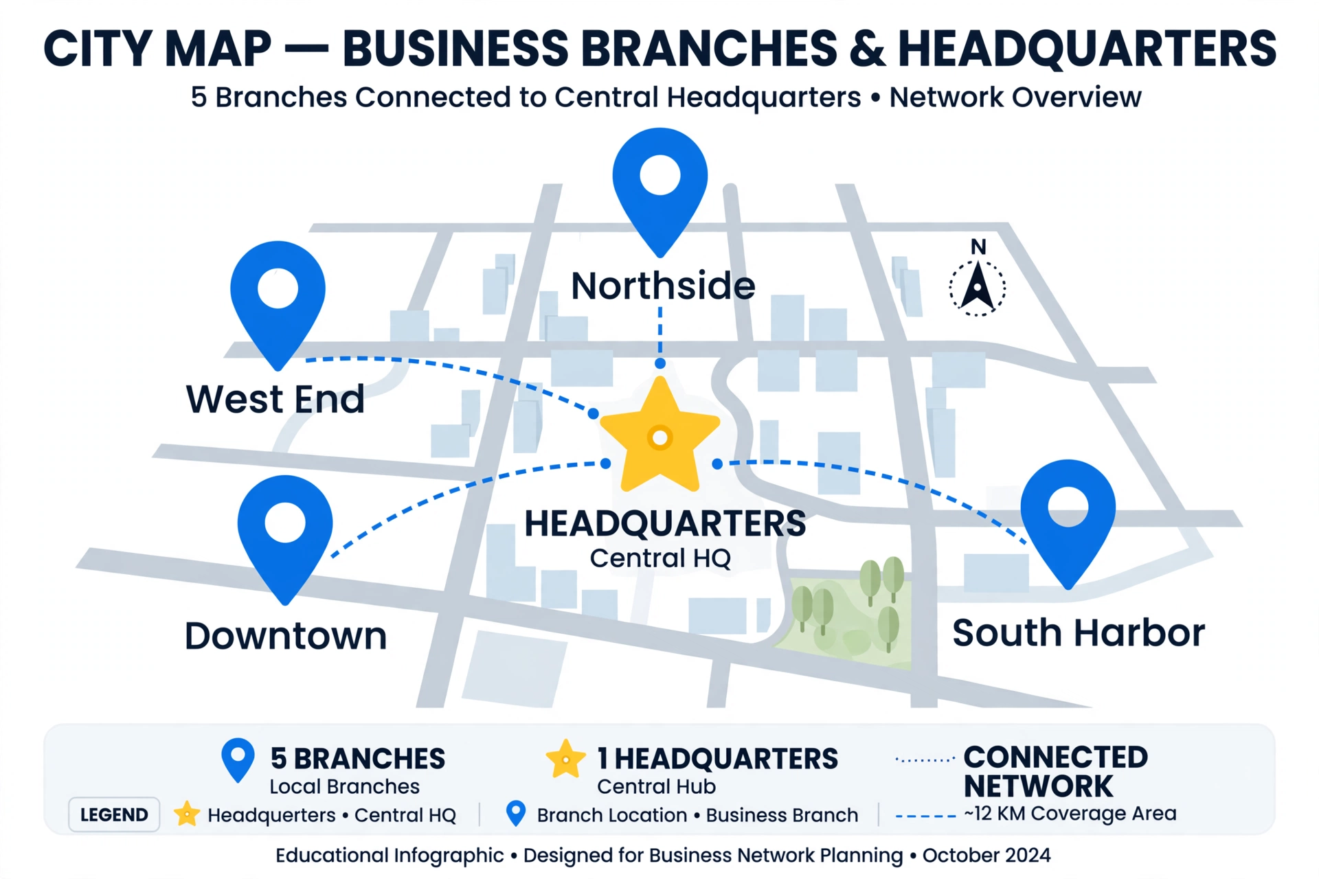 Multi-location local SEO City map with multiple business location pins for a multi-location company