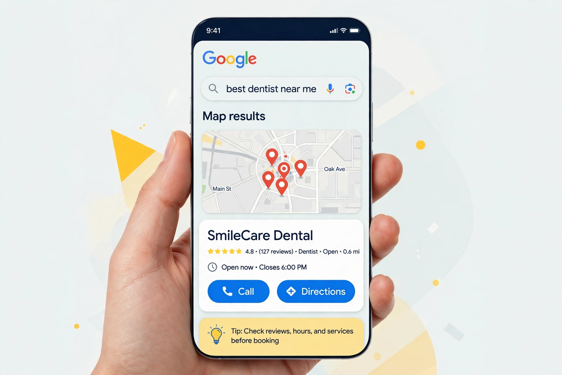 Smartphone showing a Google near me search with map results, call and directions buttons