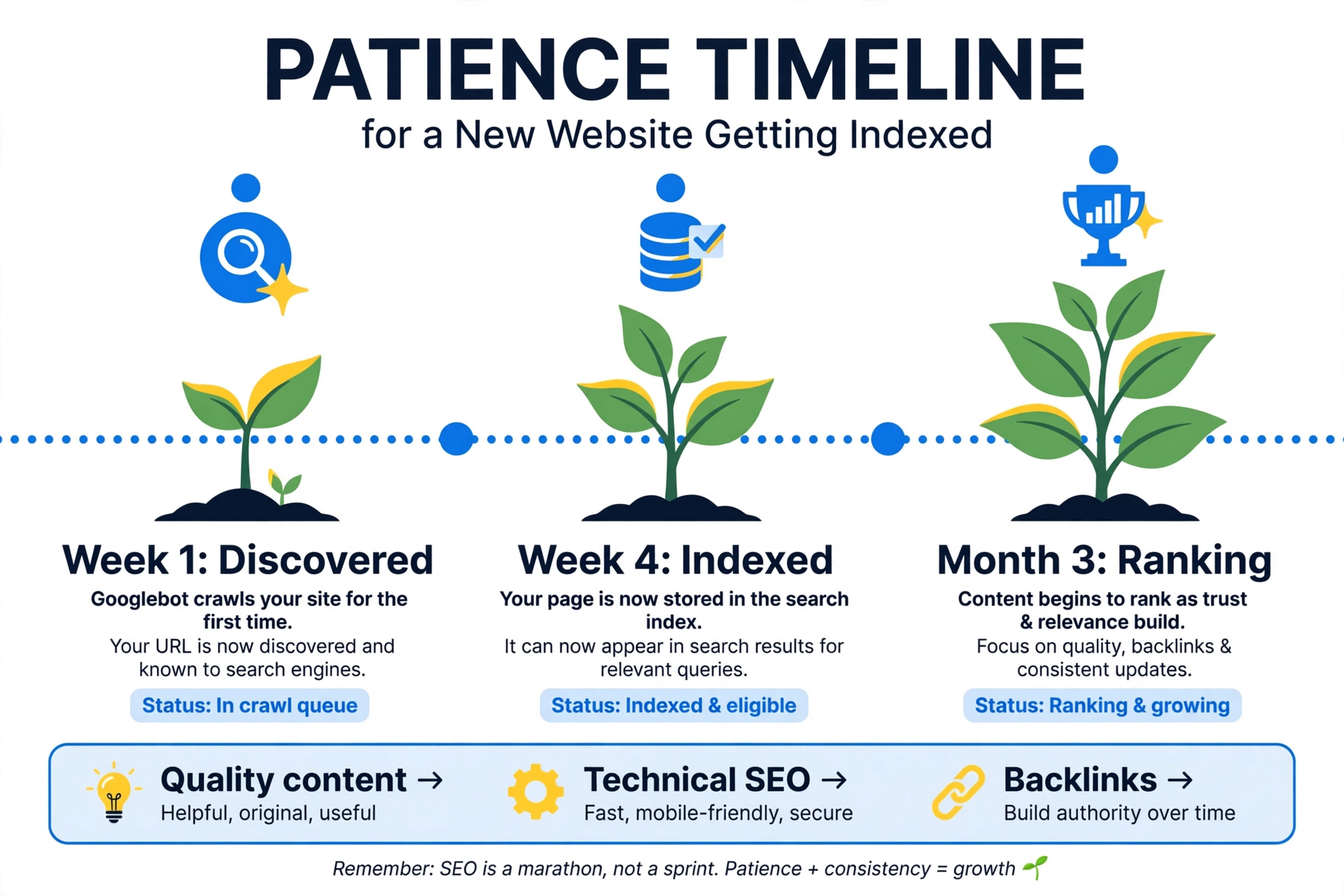 Timeline of a new website getting discovered indexed and ranking