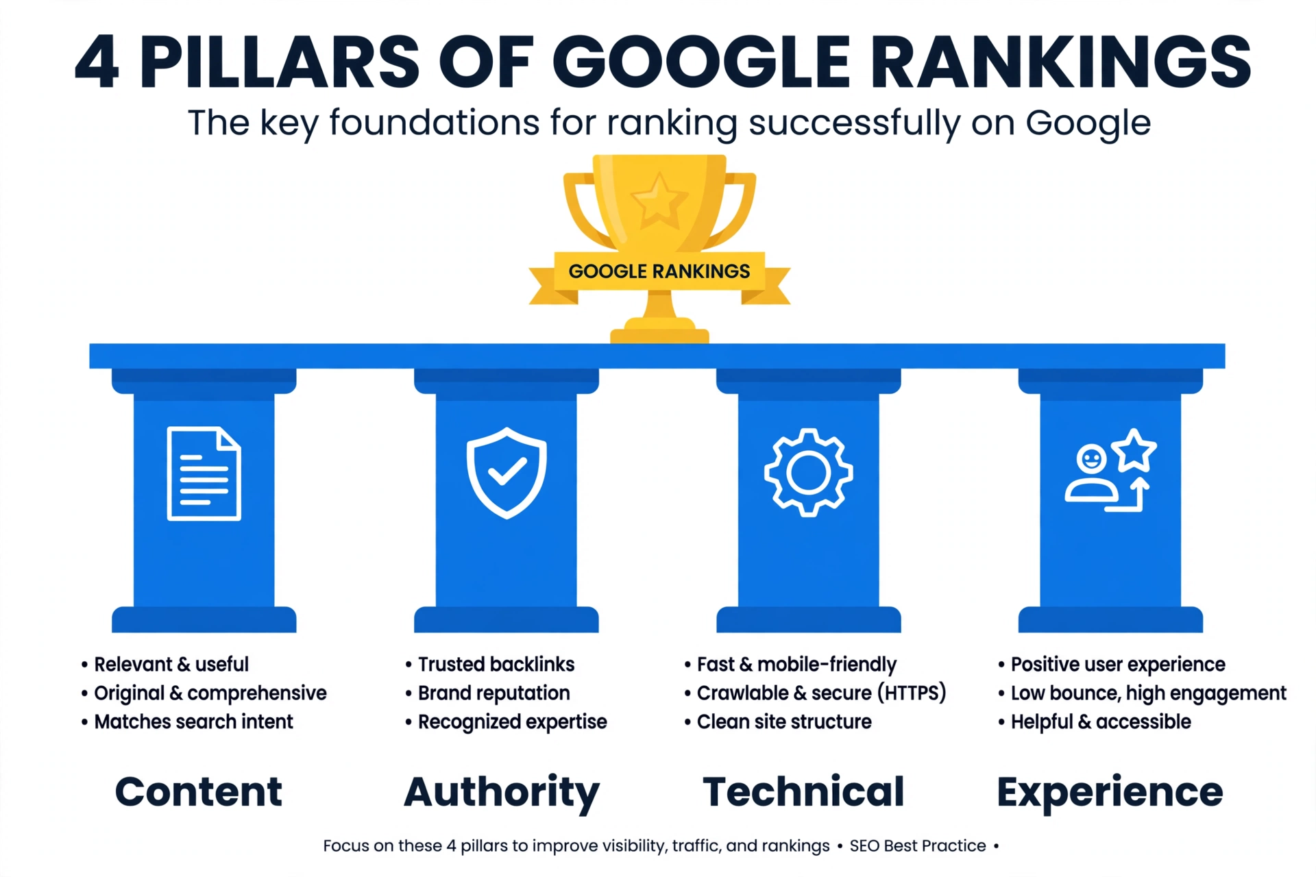 Four pillars of top Google rankings Four pillars of Google rankings: content, authority, technical, experience