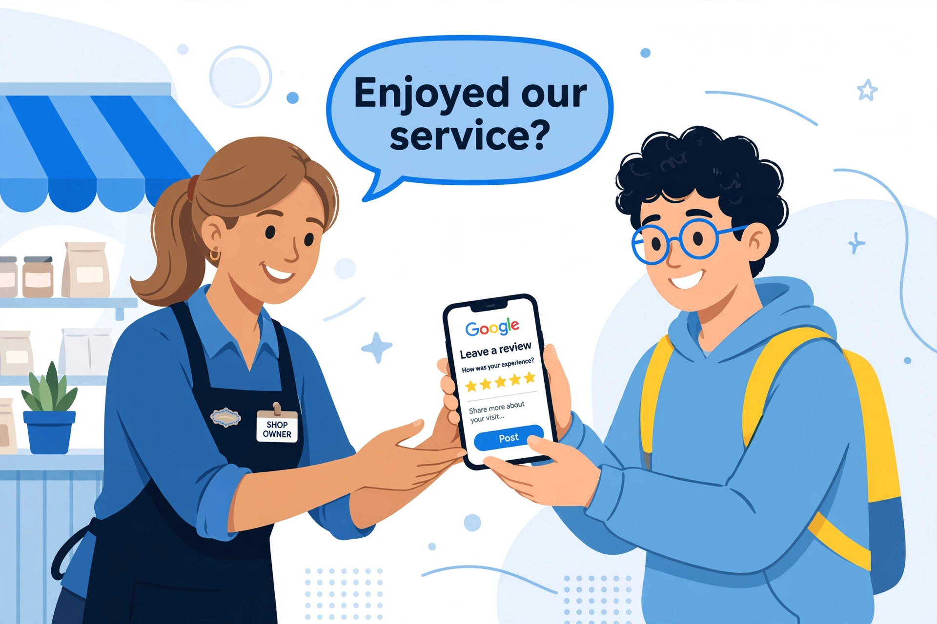 Shop owner asking a happy customer for a Google review on a smartphone