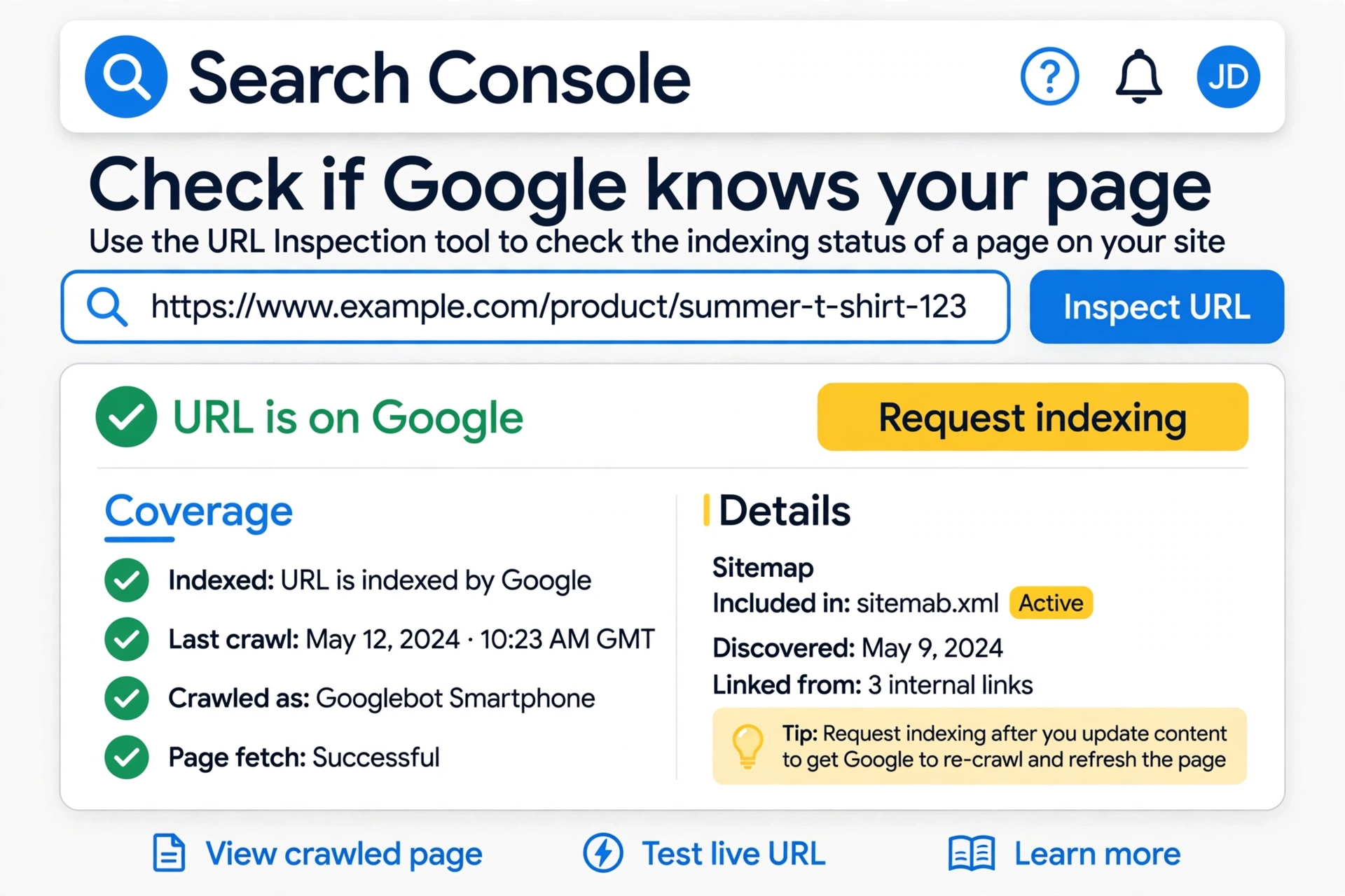 Google Search Console URL inspection showing a page is indexed