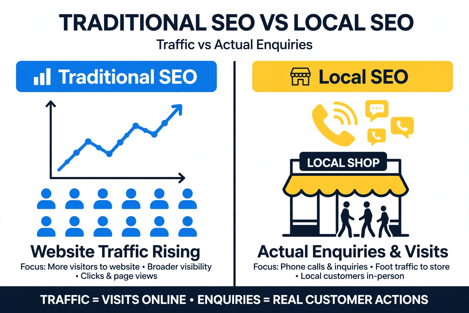Infographic comparing website traffic from traditional SEO versus calls and visits from local SEO