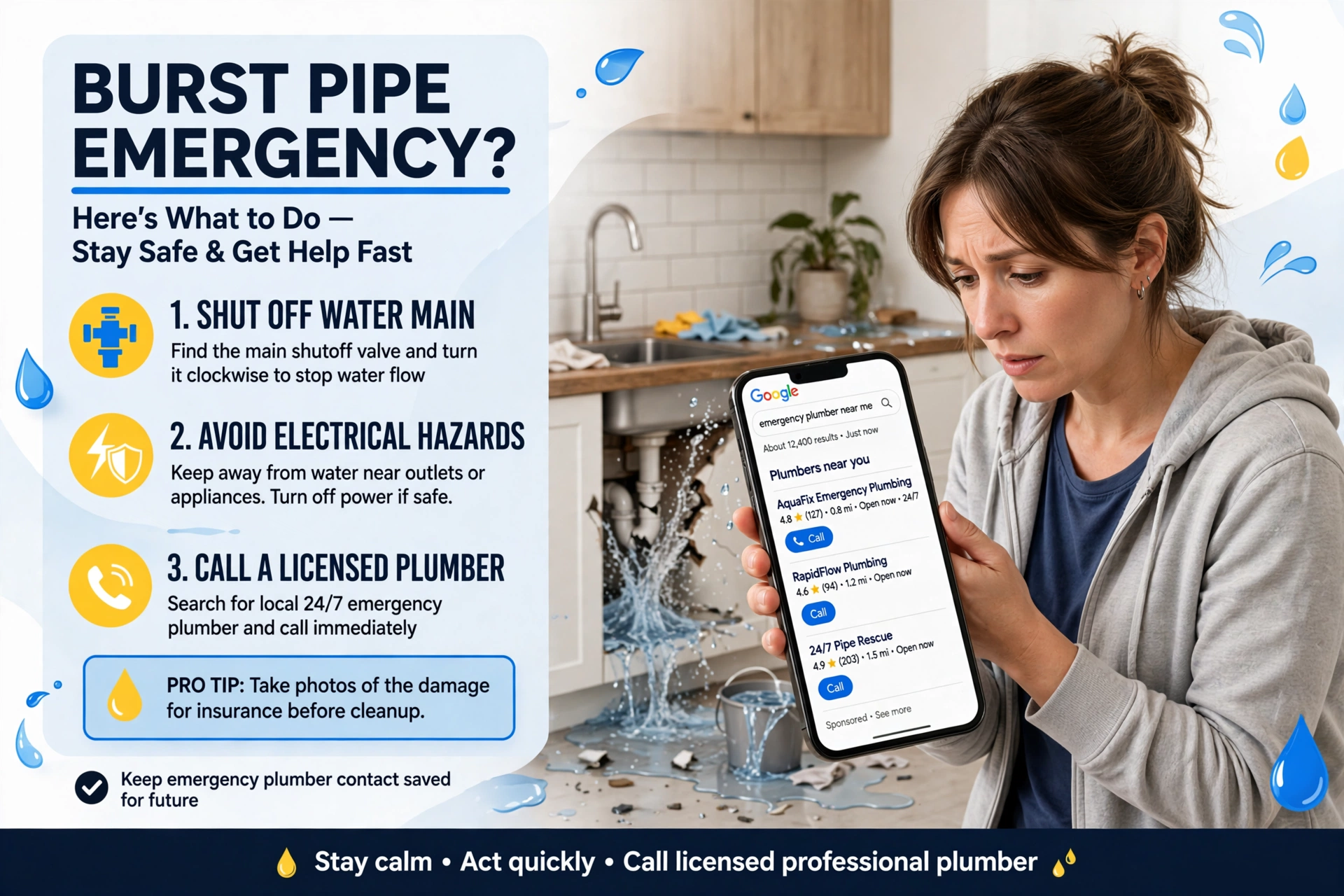 Urgent local searches decide in seconds Homeowner searching emergency plumber near me on a smartphone during a pipe burst